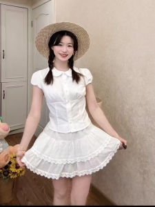 Áo Sơ Mi Ren Trắng Tay Ngắn Mùa Hè Thiết Kế Kiểu Pháp Eo Cao Ôm Vừa Vặn Cổ Búp Bê Cho Nữ