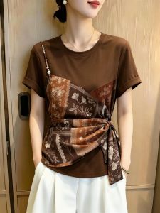 SHUAIYUE | Áo Thun In Hình Patchwork Giả Hai Mảnh Dây Đai Siết Eo