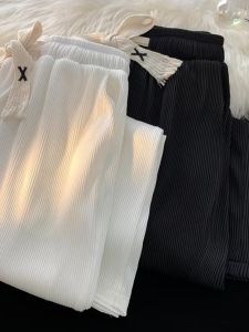 Mens White Ice Silk Sports Pants Summer Thin High Waist Drape Loose Straight Leg Casual Wide Leg Pants Youth Fashion