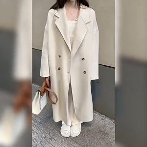 Korean College Style Minimalist Woolen Coat INS Fashionable Autumn and Winter Womens Hepburn Style Versatile Medium Long Coat