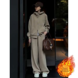 NUANPING | Thickened Fluffy Hooded Slimming Retro Womens Tracksuit Set