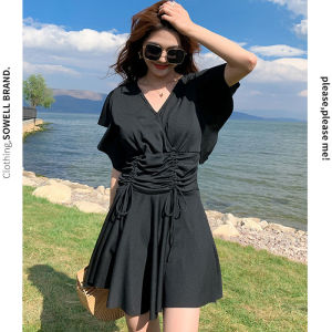 Skirt One-Piece Swimsuit Womens 90.00kg Plus Size Ladies Oversized Cover Belly Thin Hot Spring Conservative Pure Color Ribbon Chest Pad Swimsuit