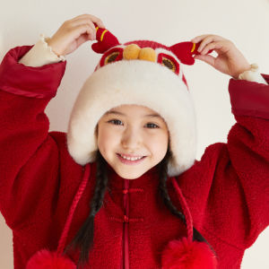 หมวกผ้าขนสัตว์ฤดูใบไม้ร่วงและฤดูหนาวสำหรับเด็กผู้หญิงและเด็กผู้ชาย สีแดง หมวกหัวเสือฤดูหนาว หมวกขนแกะฤดูใบไม้ผลิและฤดูใบไม้ร่วง