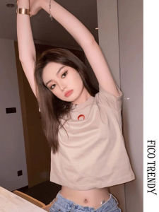 High Waist Moon Embroidery T-Shirt Short Sleeve Jennie Rose Commute Style Korean Version Slim Fit Summer Regular Length