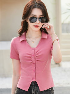 Áo Thun Cotton Tay Ngắn Cổ Bẻ Ôm Vừa Vặn Mùa Hè 2024 Áo Thun Nữ Tay Ngắn Cổ Bẻ Cao Cấp Ngắn Eo Cạp Nhỏ