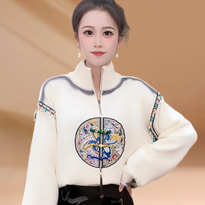 Elegant Embroidered Long Sleeve Sweatshirt with Pearl Buttons Half Zip New Chinese Style Womens Cashmere Sweater for Autumn