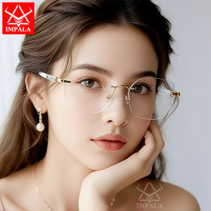 IMPALA JS6018P Fashion Photochromic Myopia Glasses Auto Change Color Nearsighted Glasses UV Protection HD Lens Anti Blue Light Myopia Sunglasses Graded -0.5 ~ -4.0 Rimless Style Lightweight and Comfortable to Wear with Glasses Case