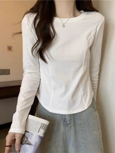 เสื้อยืดคอกลมแขนยาวผ้ากำมะหยี่สีขาว เสื้อชั้นในแบบหนา เสื้อชั้นในทรงเข้ารูป เสื้อชั้นในแบบมีฮู้ดสำหรับผู้หญิง