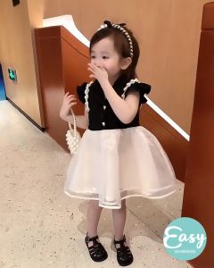 EASY WEARHOUSE Girls Princess Pearl Black Dress Children Fashion Classy Birthday Baby Tutu Dress Flying Baju Raya 2024