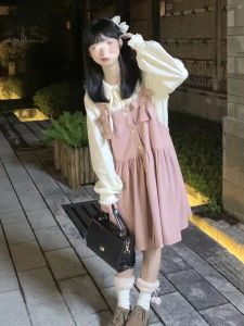 Small Autumn Clothing Matching a Whole Suit Corduroy Suspender Skirt Womens Milk Series Wear Match Bow Suspenders Dress