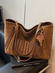 Large Capacity Womens Suede Fashionable Tote Bag Matte Finish Handbag Double Shoulder Strap Soft Surface Korean Style Leisure Bag