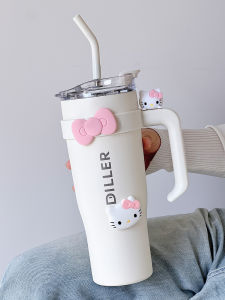 ถ้วยฟางหุ้มฉนวน Hellokitty ความจุขนาดใหญ่ น่ารัก ถนอมน้ําเย็น ผู้หญิง ถ้วยสีชมพู เด็กผู้หญิง ถ้วย Dominator น้ําแข็งขนาดยักษ์หัวใจ