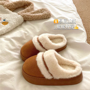 Furry Fleece Lined Slippers Womens Home INS Style Thick Bottom Warm Toe Covering Trendy Cotton Slippers Cozy Winter Footwear