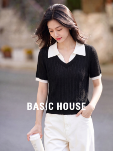 Basic House | Black Polo Collar Thin Summer Knitwear 100% Tencel