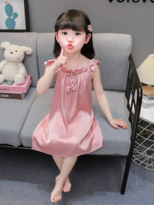 Princess Style Summer Ice Silk Baby Sleepwear Thin Strap Girls Home Clothes Childrens Nightgown Korean Version Wet Release