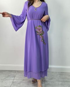Elegant Pure Color Long Sleeve V-Neck Gown Dress Womens Arab Robe Dress Middle East Purple Maxi Dress for Ladies