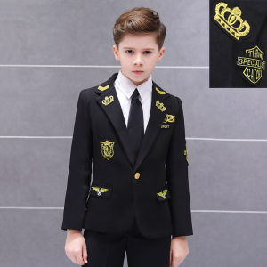 Children Suit 2024 Fashion Captain British Style Stage Performance Dress Flower Black Crown Coat for Boy