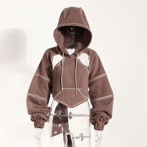 เสื้อฮู้ดแขนยาวผู้หญิงสไตล์ฮิปฮอปสีบล็อกแขนโคมไฟสั้น ทรงหลวม คอตตอน 3 มิติ ฤดูใบไม้ร่วง 2023