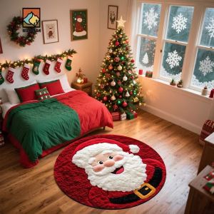 VIKAMA Cute Santa Claus Round Rug Soft Plush Non-Slip Living Room Rug Bedroom Decorative Floor Mat for Christmas Home Decor