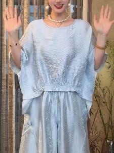 QINGNAER | Casual Summer Plus Size Batwing Sleeve Shirt with Wrinkle Texture