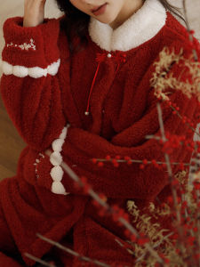 Thickened Coral Fleece Warm Sleepwear New Year Dragon Year Red Home Clothes Long Sleeve Long Pants Stand Collar Womens Pajamas