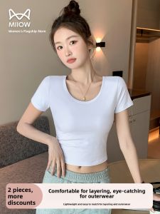 Miiow | Pure Cotton Short Sleeve Round Neck T-Shirt Womens Summer Slim Fit Versatile Base Layer Shirt White Color Commute Style