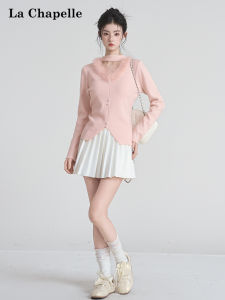 La Chapelle | Pink V-Neck Soft Hangneck Slim Knit Sweater