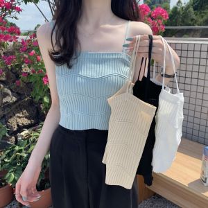 Áo Ba Lỗ Dệt Kim Ôm Vừa Vặn Mùa Hè Cho Nữ Áo Ba Lỗ Không Tay Mỏng Áo Ba Lỗ Không Dây Cổ Chữ V Màu Trơn Thường Ngày