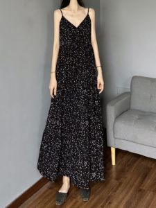 Black and White Small Polka Dot Camisole Loose Plus Size Casual Outdoor Polka Dot Dress Pregnant Women Covering Belly Thin Dress