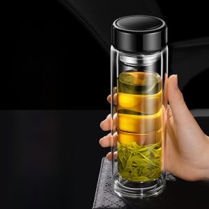 Double Layered Glass Tea Cup Portable High End Transparent with Lid for Men And Women Home Use Student Large Water Cup