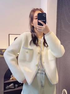 7LiElegant Cropped White Knitted Cardigan Women Black Mink Cashmere Sweater Outerwears Korean Knitwear Winter Long Sleeve Jumpers