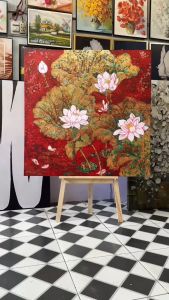 Tranh in Canvas Hoa Sen Phong Cách Indochine (Có hình thật - Đã có khung móc đinh treo) - The Canvas House