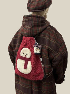 กระเป๋าเป้สะพายหลังผ้าขนสัตว์ลายตุ๊กตาหิมะ Mirenbu กระเป๋าสะพายข้างผ้าขนสัตว์ทรงกลมสำหรับฤดูใบไม้ร่วงและฤดูหนาว กระเป๋าสะพายข้างแบบสะพายไหล่สำหรับผู้หญิง กระเป๋าเป้สะพายหลังแบบลำลอง