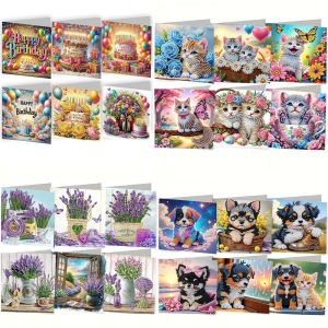 6-piece DIY Diamond Painting Birthday Card Set featuring unique flower balloon and pattern designs with rhinestone diamond p