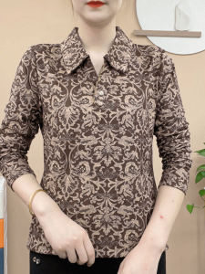 เสื้อเชิ้ตคอปกแขนยาวลายดอกไม้สไตล์ย้อนยุคสำหรับผู้หญิงวัยกลางคนและผู้สูงอายุ เสื้อเชิ้ตทรงหลวมสบาย ๆ แฟชั่นฤดูใบไม้ผลิและฤดูใบไม้ร่วง