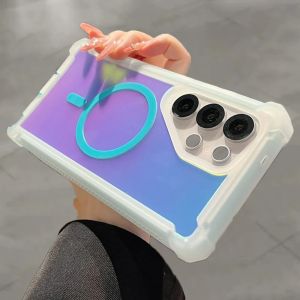 Reflective Laser Frosted For Magsafe Case for Samsung Galaxy S25 S24 Ultra Plus S25Plus Shockproof Armor Wireless Charging Cover