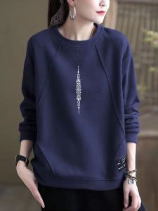 เสื้อสเวตเตอร์คอกลมแขนยาวหลวมๆ ผ้าฝ้ายแท้ อบอุ่น ลำลอง ขนาดใหญ่ พิมพ์ลาย เสื้อเชิ้ต เสื้อผ้าทำงานฤดูใบไม้ร่วง/ฤดูหนาว