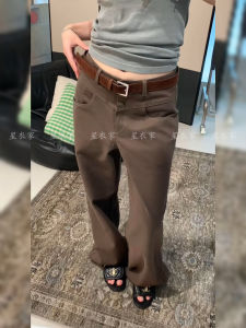 Retro American Washed Brown Denim Pants High Waist Straight Leg Loose Fit Floor-Length Womens Style Neutral Vintage Jeans