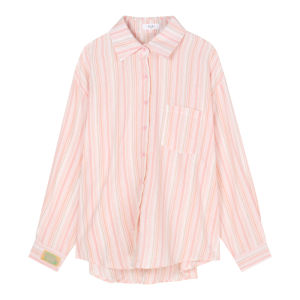 เสื้อเชิ้ตแขนยาวลายทางสีฟ้าสำหรับผู้หญิงในช่วงฤดูใบไม้ผลิและฤดูร้อน สไตล์ลำลอง หลวมๆ หวานๆ ปกเสื้อเชิ้ตแบบสวมใส่หลายชั้น