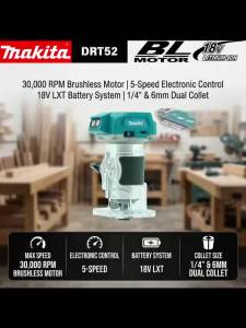 Makita | Makita DRT52Z 18V Brushless Wood Router 30000RPM 6mm 1/4 Inch Collet Cordless Edge Trimmer For Carpentry Cabinet DIY Bare Tool