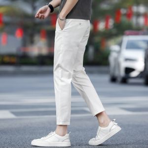 ROMON | Lormen Light Beige Casual Pants Men Summer Thin Pure Cotton Nine Points Slim Straight Ice Silk Long Trousers Fashionable Youth Style
