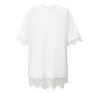 AMII | Vacation Style Round Neck Cotton Lace Insert Drop Shoulder T-Shirt