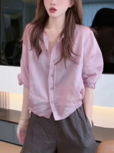 Shalldoer | Áo thun nữ màu trơn cổ tròn tay lửng chống nắng dáng ôm có dây rút thời trang mùa hè giảm tuổi tác