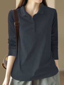 Áo Thun Cotton Cổ Polo Dài Tay Rộng Rãi Thoải Mái Cho Nữ Mùa Xuân Thu Phong Cách Retro Đa Năng Giảm Tuổi Tác Cỡ Lớn