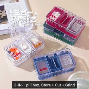 READY STOCK NEW 4-IN-1 Tablet Cutter Pill Grinder Medicine Storage Bekas Ubat Pil Box Organizer Small Portable Cut Grind Store Medicine Box Japan Imakara Tablet Pill Cutter