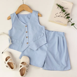 Bear Leader สีทึบเซทเสื้อผ้าฤดูร้อนสำหรับเด็กผู้หญิงและผู้ชายฉบับภาษาเกาหลีเสื้อไม่มีแขนกระดุมแถวเดียว + กางเกงขาสั้น2ชิ้นเหมาะกับงานแต่งงานเสื้อผ้าสุภาพบุรุษเด็กผู้ชาย3-7ปี