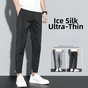 HULIXIONGDI | Leisure Slim Fit Straight Stripe Elastic Capri Pants