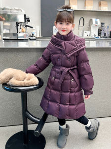Thickened Warmth down Cotton Jacket for Girls Mid-Length Coat Waist-Cinching Winter Clothes Childrens Clothing Polyester Fiber