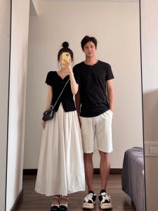 Couples Summer High Waist Wide Leg Pants Two-Piece Set V-Neck Short Sleeve T-Shirt Cotton Fashion Ensemble for Young Women