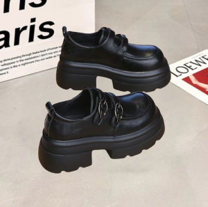 Elevated Thick Bottomed Genuine Leather Slip-On Shoes for Women Autumn Winter New Style Fleece Lined British Style Small Leather Shoes